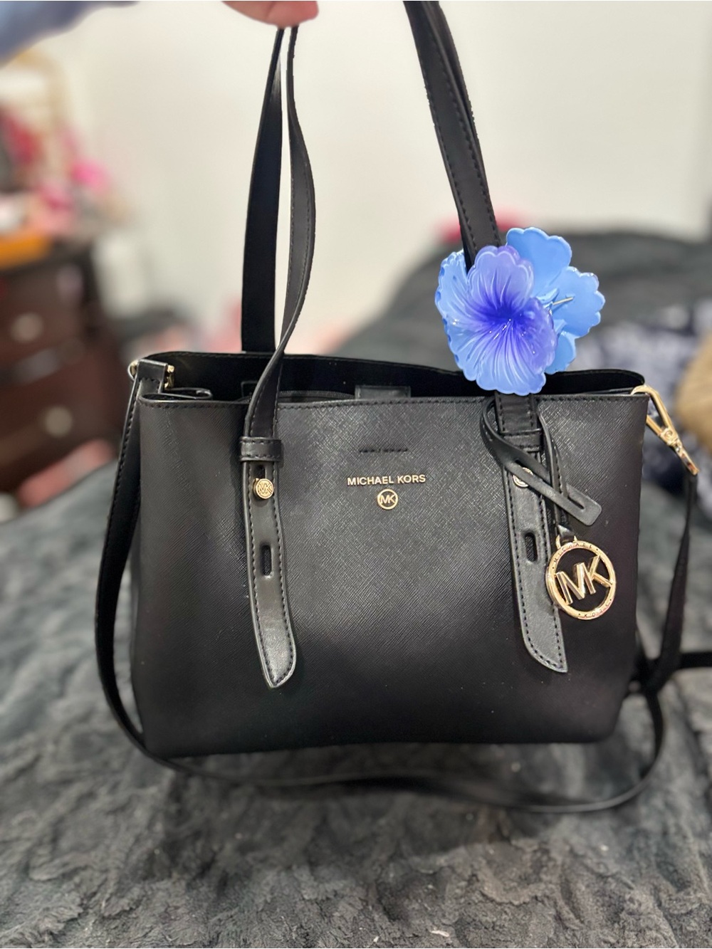 Michael Kors Black Saffiano Leather Logo Tote with Gold Accents